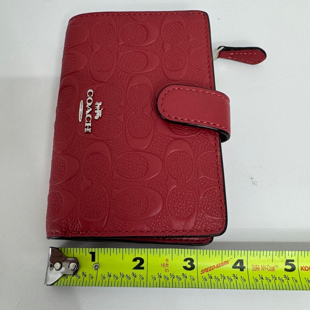 Coach Red Signature Embossed Pebble Leather Medium Corner Zip Bifold Wallet - Picture 11 of 11